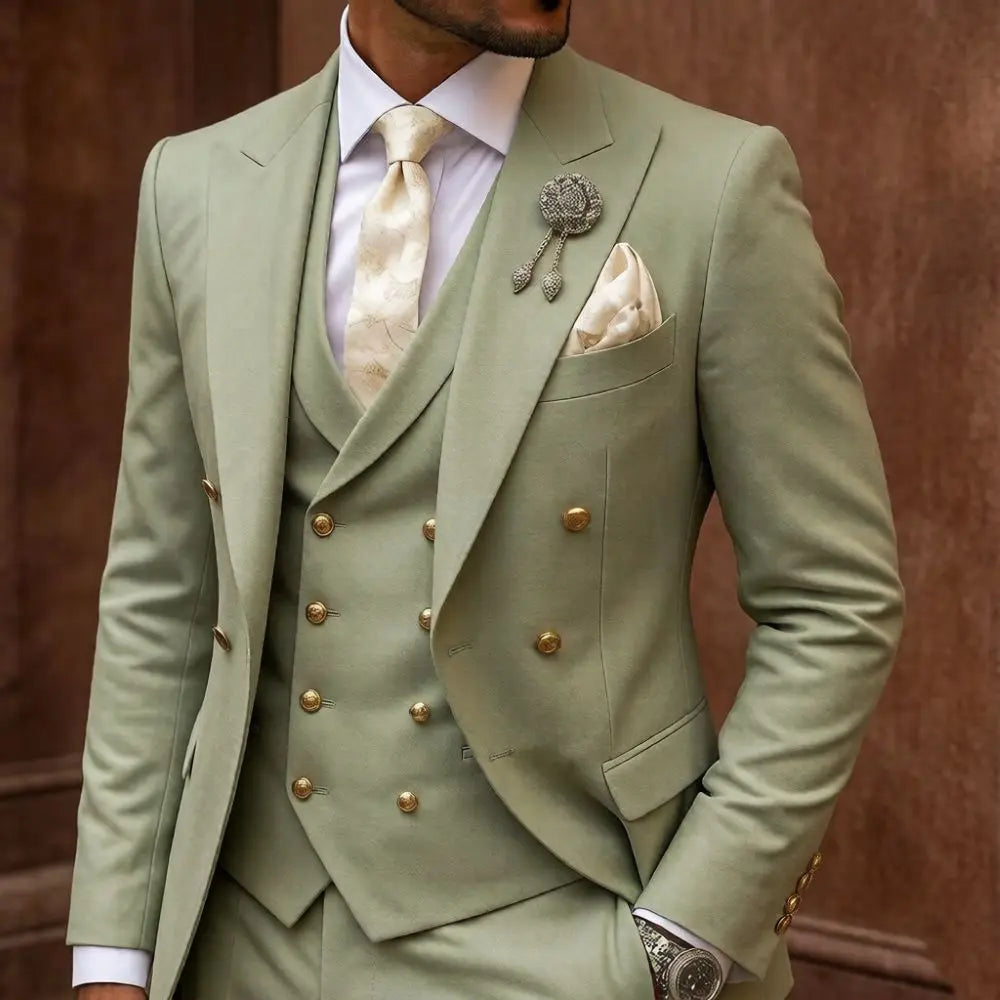 Mens White 3 Piece Suits Double Breasted Waistcoat Wedding Tuxedo Shiny Gold Buttons Luxury Formal Groom Prom Party Celebration
