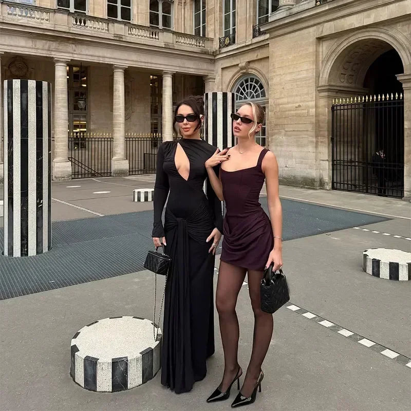 Sexy Square-neck Halter Long Dress Women 2025 Pleated Sleeveless Backless High Waist Bodycon Dresses New Summer Lady Party Gowns