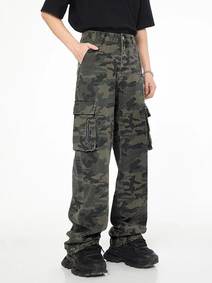Tall Pants for Slim Thin Skinny Men Y2K Straight Wide Leg Cotton Cargo Pants Camouflage Extra Long Length Trouser Male Vintage