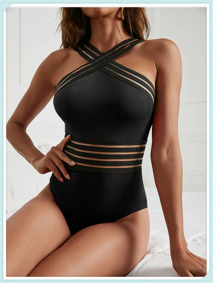 Solid Mesh Tape Swimsuit 2026 One Piece Sexy High Neck Swimwear Women Cross Front Bathing Suit Female Padded Beachwear Bodysuit
