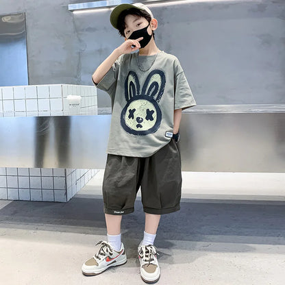 Summer Boys Cotton Leisure Cartoon Print T-Shirt Top+Shorts Pant Set School Kids 2PCS Tracksuit Children Vacation Outfit 5-16Yr