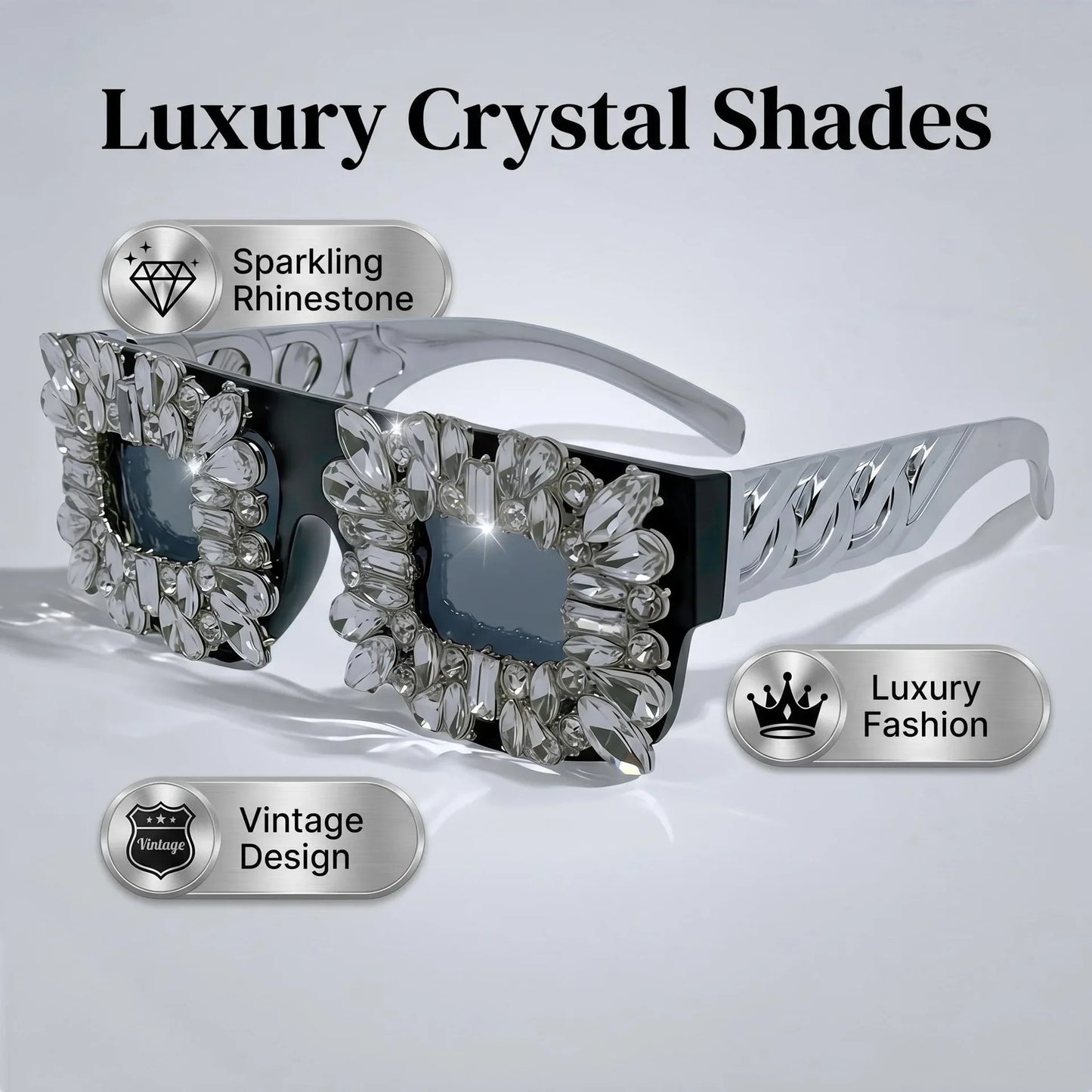 Exaggerated Bling Rhinestone Square Sunglasses Women Luxury Silver Chain Leg Statement Eyewear for Party Nightclub Rave Festival