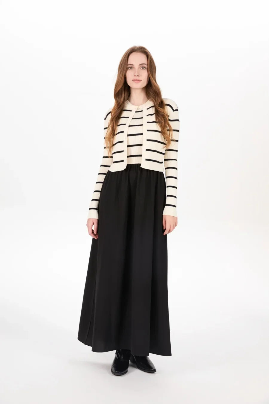 AS AW25 stripe knitting cardigan + sleeveless patch dress maxi matching set for woman clothing