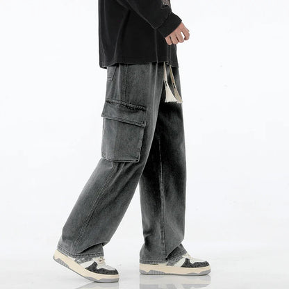 2024 New Men Baggy Cargo Jeans Fashion Streetwear Vintage Wide Leg Pants American Streetwear Y2K Big Pocket Youth Overalls