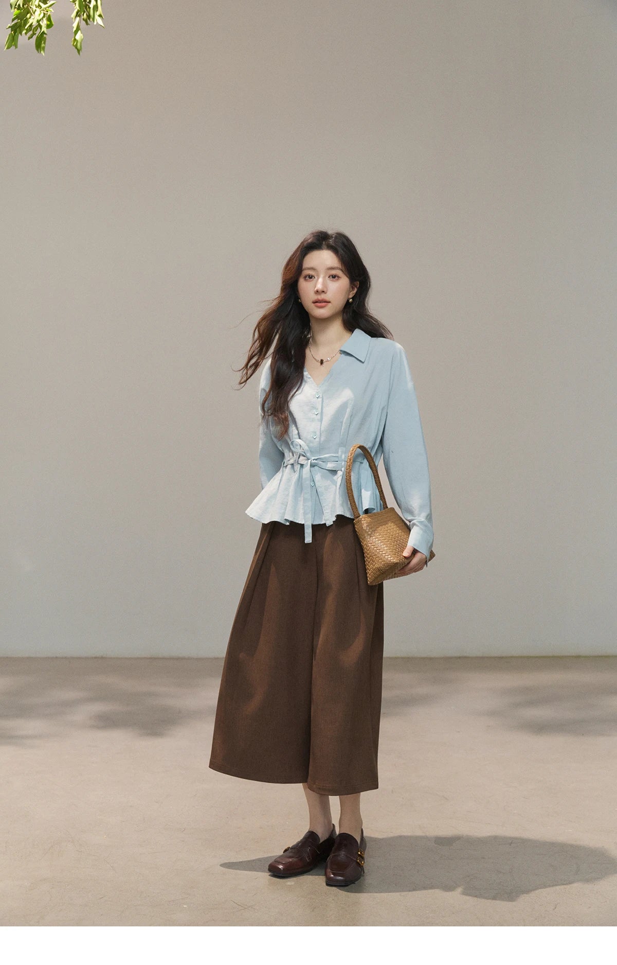 Women's Light Blue Lyocell Shirt 2026 Spring Polo Neck V-neck Belted Waist Shirt Casual Peplum Long Sleeve Top MXF13C2437