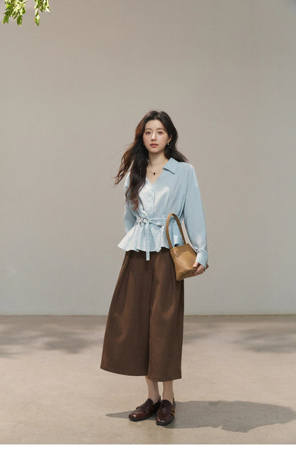 Women's Light Blue Lyocell Shirt 2026 Spring Polo Neck V-neck Belted Waist Shirt Casual Peplum Long Sleeve Top MXF13C2437