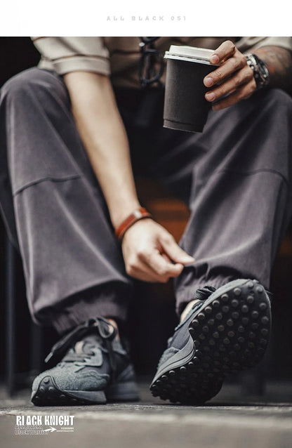 Spring Vintage Thick-soled Patchwork Black Sneakers Casual Breathable Jogging Shoes Low-top Lace-up Sporty Summer Shoes