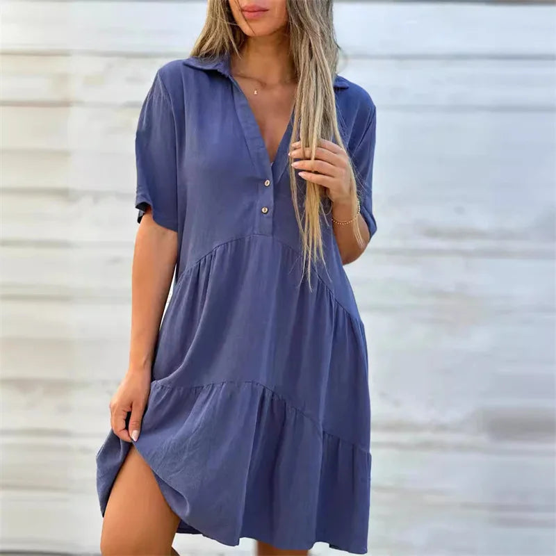 Women Cotton Linen Solid Color Dresses Lapel Button Patchwork Dress Summer Casual Commuter High Waist Short Sleeves Female Gown