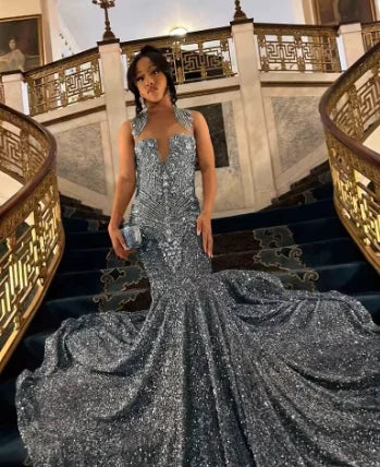 Elegant Gold Diamonds Long Prom Dress Luxury Beads Crystals Sequins Mermaid Birthday Wedding Party Gown Customized