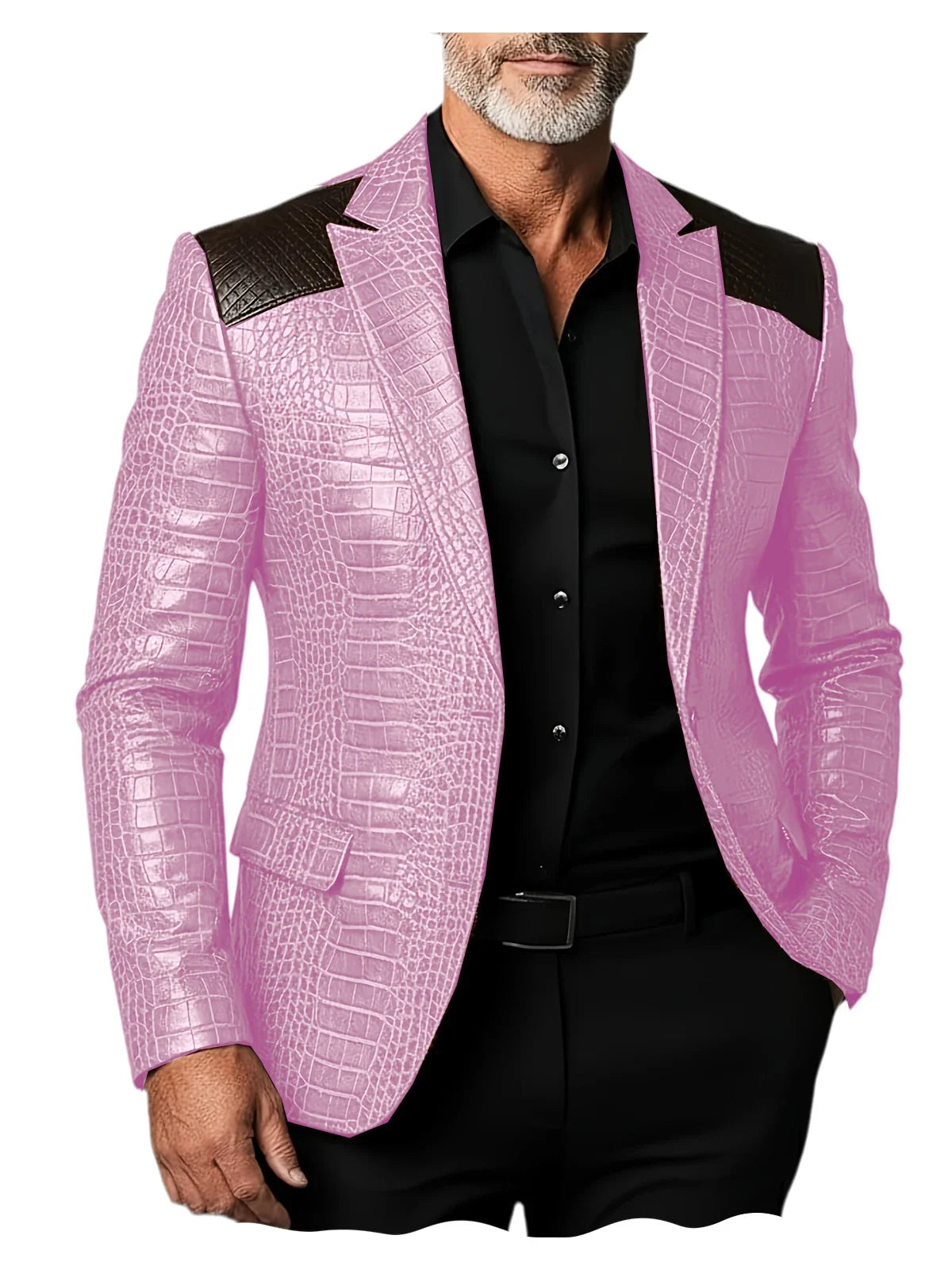 Men's Crocodile Pattern Leather Blazer Patchwork PU Leather Suit Jacket Notched Lapel Slim Fit Business Casual Coat Outerwear