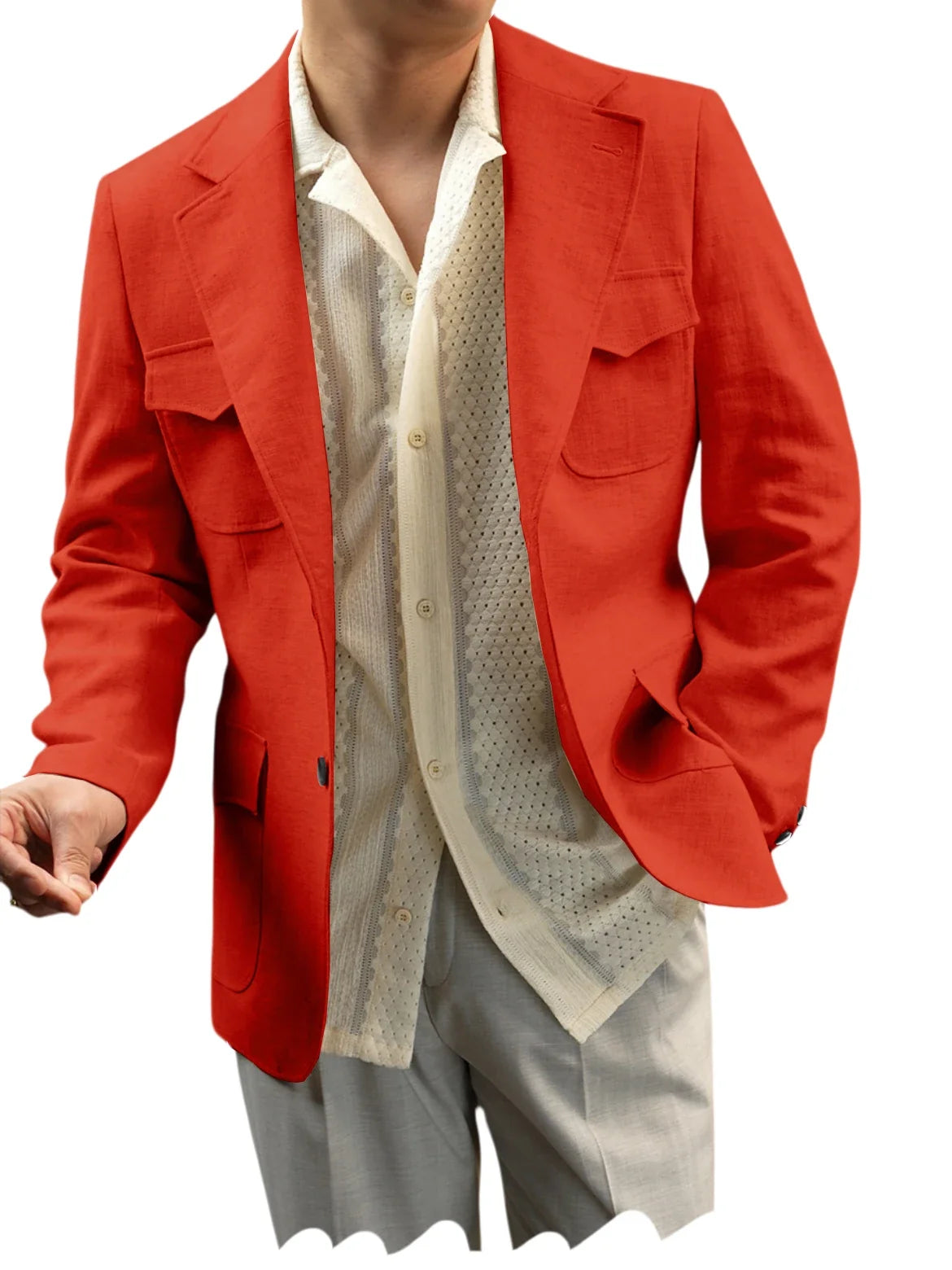 Classic Men's Linen Blazer Notched Lapel Slim Fit Breathable Elastic Suit Jacket with Flap Pockets for Wedding Prom Daily Wear