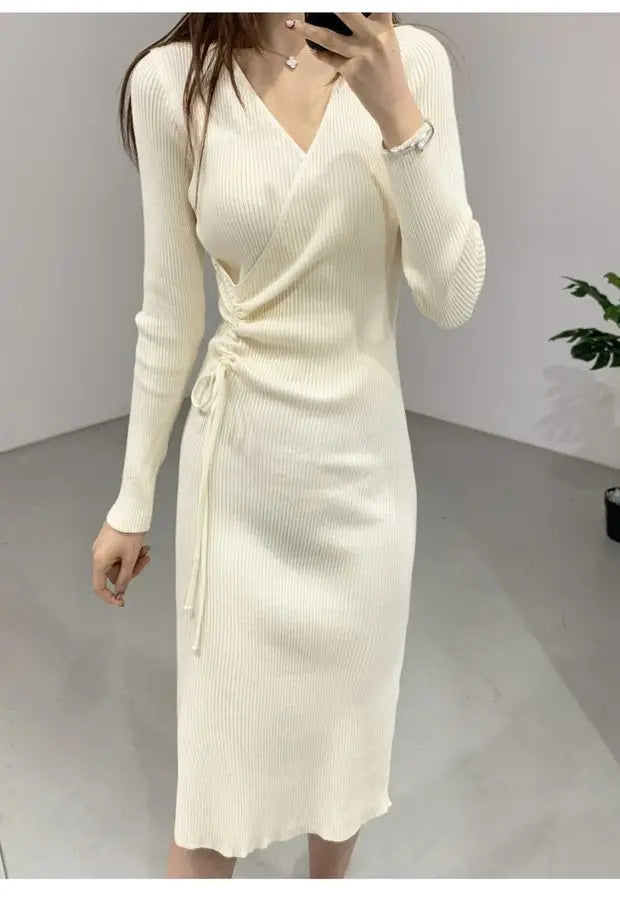 Chic V-ne Knitted Wrap Waist Slimming Mid-length A-line Dr Women's Sweater Dr Korean Sle High Waist Long Sve