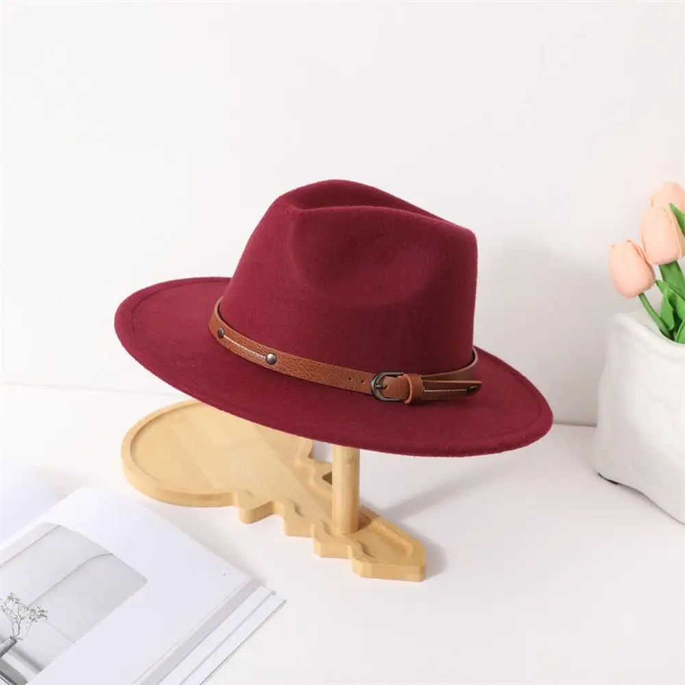 With Belt Buckle Felt Fedora Hats Fashion Vintage Wide Brim Panama Cap Soft Elegant Cowboy Cap Men Women