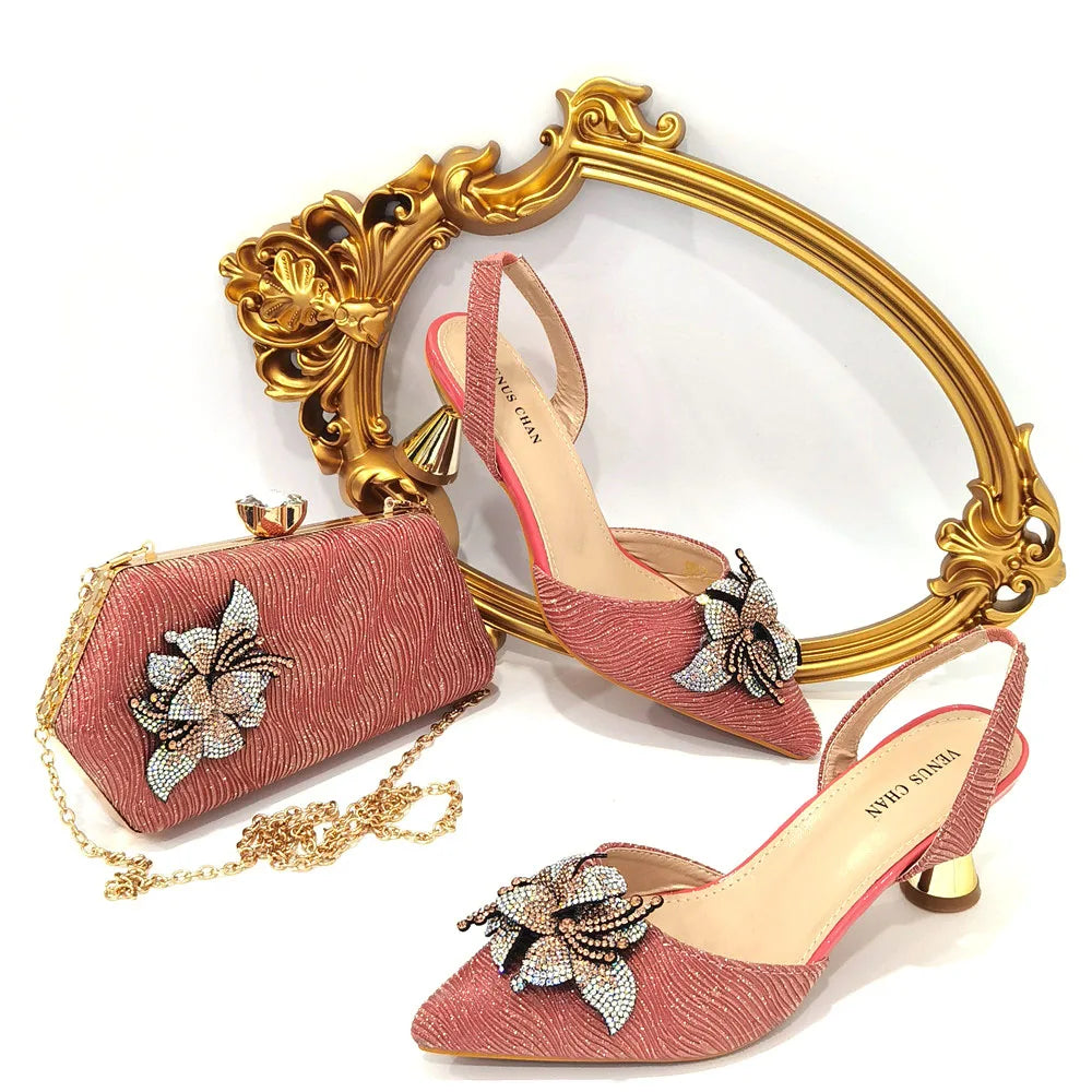 FASHION SHOE Sandals Women 2022 High Heels sexy Green Color Rhinestone Flowers Party Pumps Wedding Shoe and Matching Bag Set