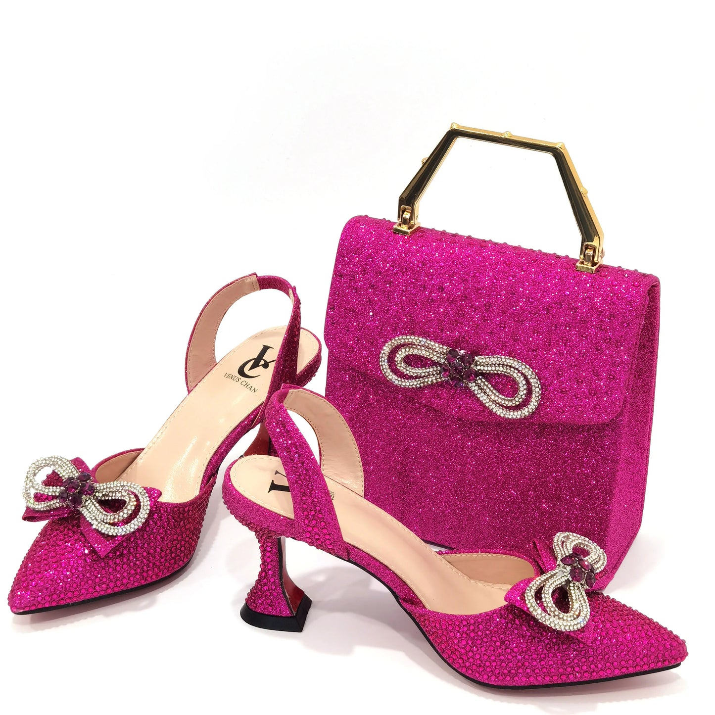 The Latest INS Style Rhinestone Bow Side Empty Party High Heels Pointed Toe Stiletto Heels Silver Women's Shoes And Bags