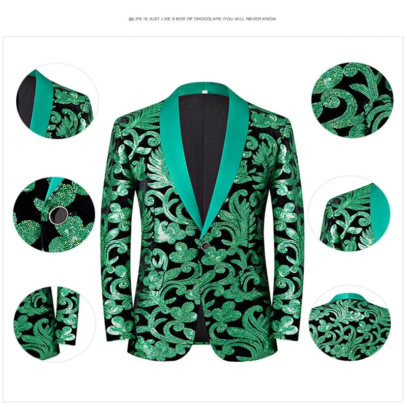 2024 New Flat Velvet Large Flower Sequin Jacquard Mens Blazer, Purple  Stage Performance Suit Dress, Host Fashion Show Jacket