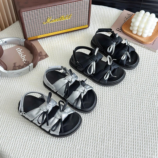 2026 Summer Girls Princess Sandals with Double Bow-knots Soft Fashion Classic Kids Summer Beach Shoes Open Toes Sweet Anti-skid