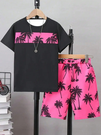 Boys' Coconut Tree Pattern 2-piece Color Contrasting Set, T-shirt and Shorts Set, Suitable for Daily Travel