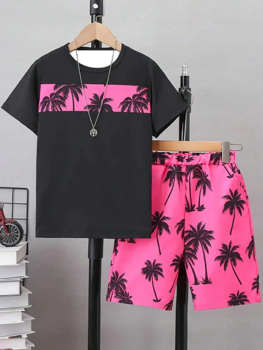 Boys' Coconut Tree Pattern 2-piece Color Contrasting Set, T-shirt and Shorts Set, Suitable for Daily Travel