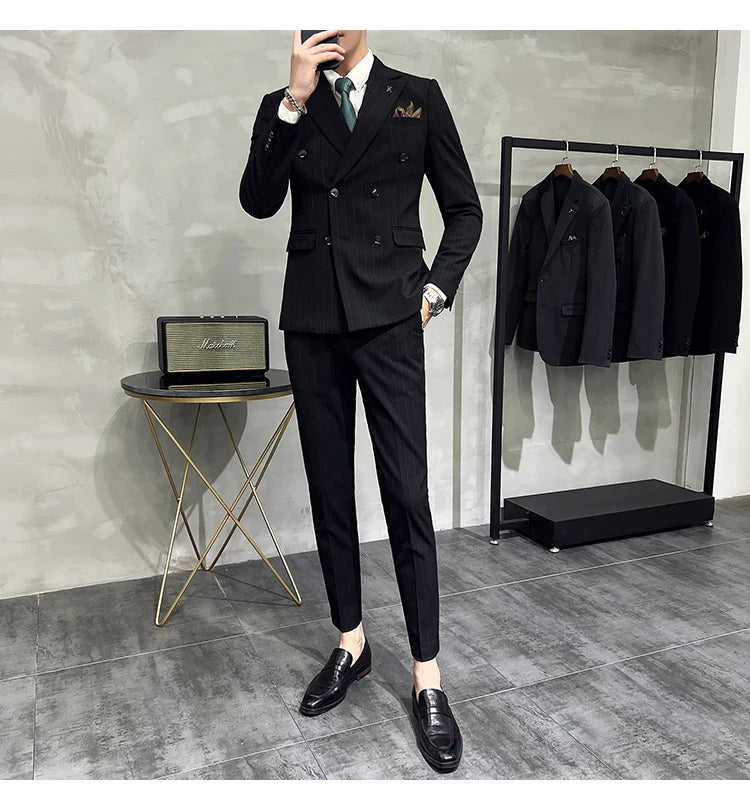 2025 High-quality Korean Version Slim-fit Business (Suit + Vest + Trousers) Striped Double-breasted Suit Three-piece Set