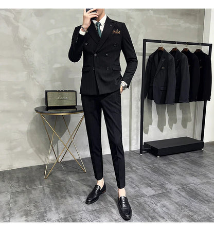 2025 High-quality Korean Version Slim-fit Business (Suit + Vest + Trousers) Striped Double-breasted Suit Three-piece Set