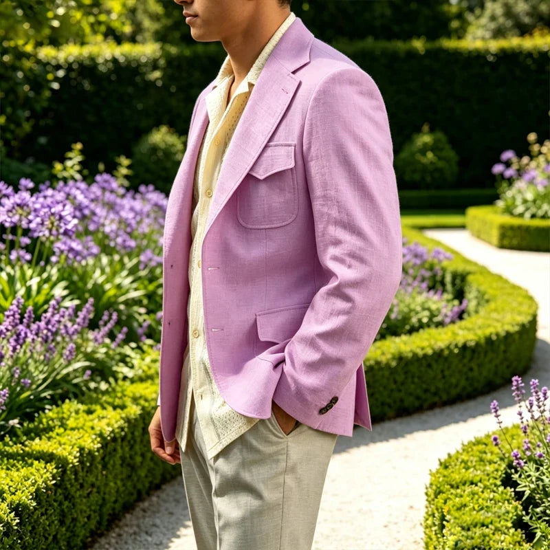 Classic Men's Linen Blazer Notched Lapel Slim Fit Breathable Elastic Suit Jacket with Flap Pockets for Wedding Prom Daily Wear