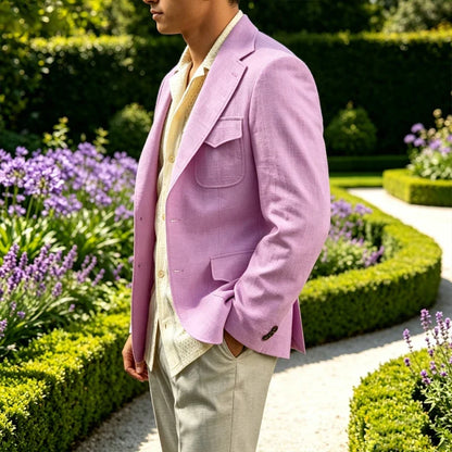 Classic Men's Linen Blazer Notched Lapel Slim Fit Breathable Elastic Suit Jacket with Flap Pockets for Wedding Prom Daily Wear