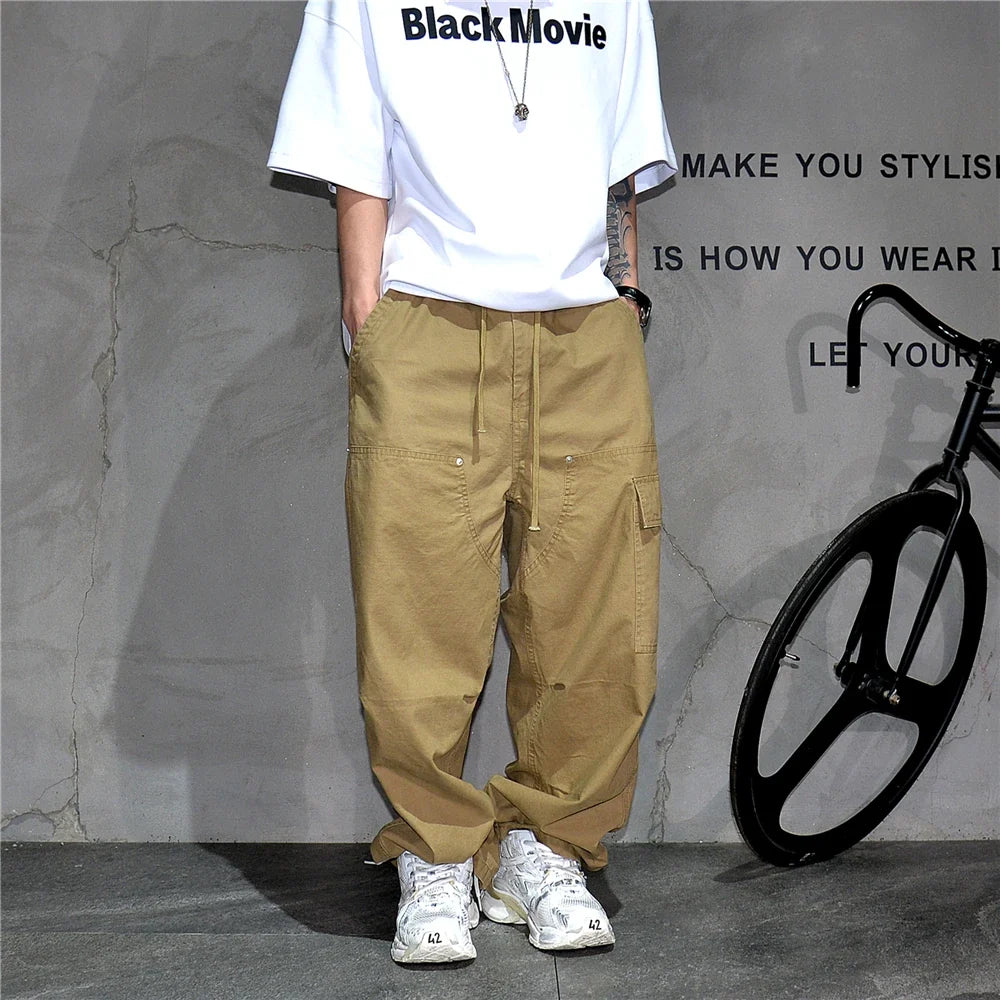 Mens American Tactical Cargo Pants Premium Camo Baggy Loose Fit Vintage Streetwear Korean Style Trendy Workwear Khaki Pants Male