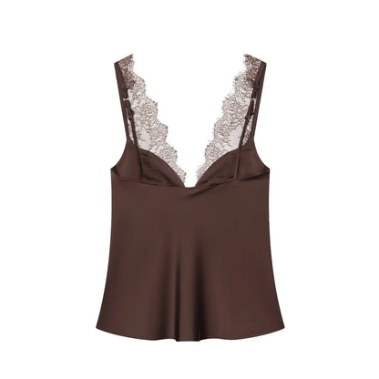 Elegant Women Lace Splice Sexy Satin Sling Tops 2026 Spring Summer Fashion Female V-Neck Backless Slimming Underwear Vest