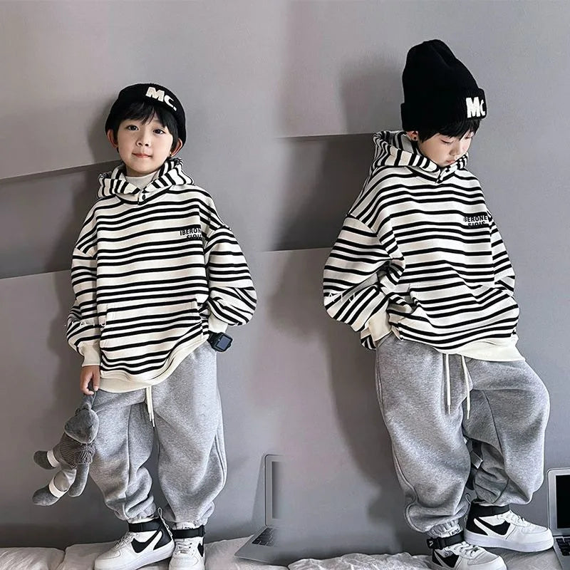 Spring Autumn School Kids 2PCS Tracksuit Boys Loose Striped Sweatshirt+Gray Sweatpant Workout Sets Child Jogger Outfits 9-16 Yr