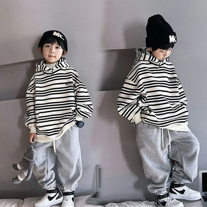 Spring Autumn School Kids 2PCS Tracksuit Boys Loose Striped Sweatshirt+Gray Sweatpant Workout Sets Child Jogger Outfits 9-16 Yr