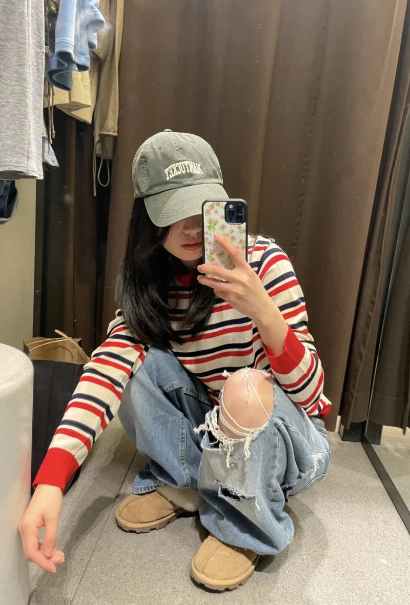 2025 women's new street fashion fold waist mid waist washed ripped jeans loose version of the floor-length pants