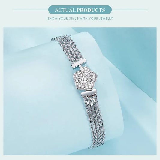 Bracelet de base en argent sterling 925, chaîne plate, jonc, breloque fleur étincelante en zircone pour femme, cadeau d'anniversaire