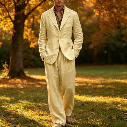 Men's Linen Suit 2 Pieces Set Casual Blazer & Wide Leg Pants Notch Lapel Breathable Wedding Business Party Jacket Tuxedo Summer