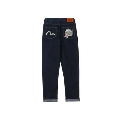 Japanese Handmade Embroidered Jeans Men's Pure Cotton Straight Tube Hip-Hop Popular Slim Red Ears Show Thin Trousers Devil