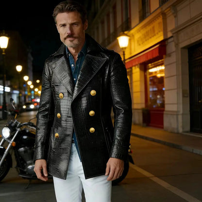 Men's Crocodile Embossed Leather Peacoat Double Breasted Gold Button Jacket Luxury Casual Overcoat