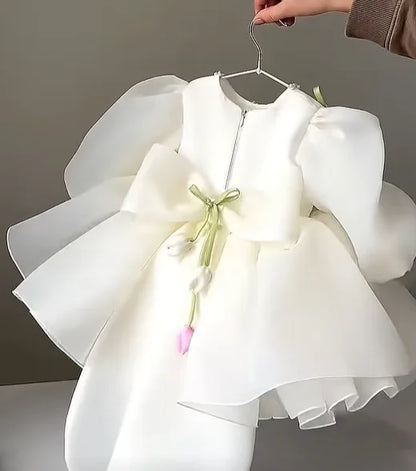 2026 New Children Girls Formal Dress Puff Sleeve Princess Gown Flower Girl Kids Floral Tulle Tutu Elegant Pageant Summer Costume