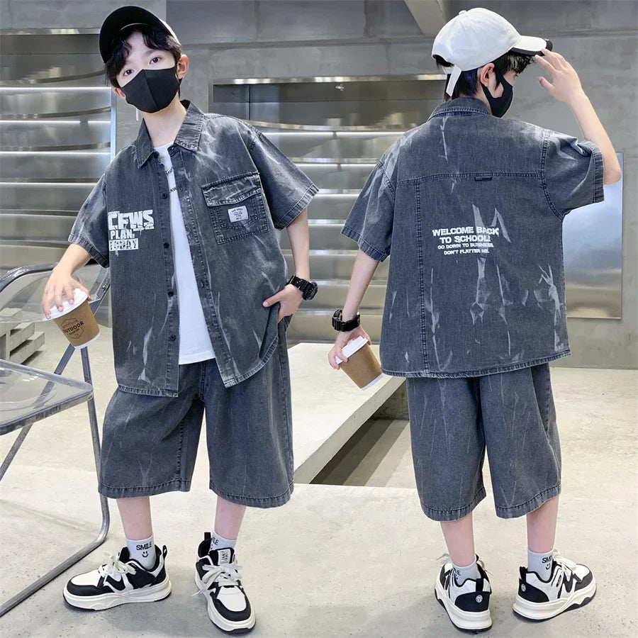 Cool Summer Set for Boys Denim Top and Bottom Set Kids Child Short Sleeve Shirt And Shorts 2 Pieces Outfits Suit Age 5-14 Years