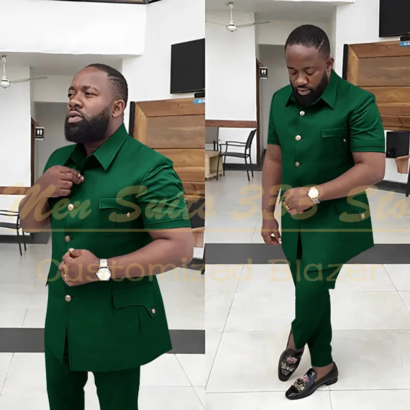 Summer Men's Suits Solid Color Short Sleeve Single Breasted Stand Lapel Casual Outfits 2 Piece Jacket Pants Set Slim Fit Terno