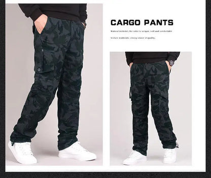 Autumn Winter Mens Cargo Pants Fleece Warm Trousers Cotton Pants Insulated Hiking Running Pants Man Multiple Pockets