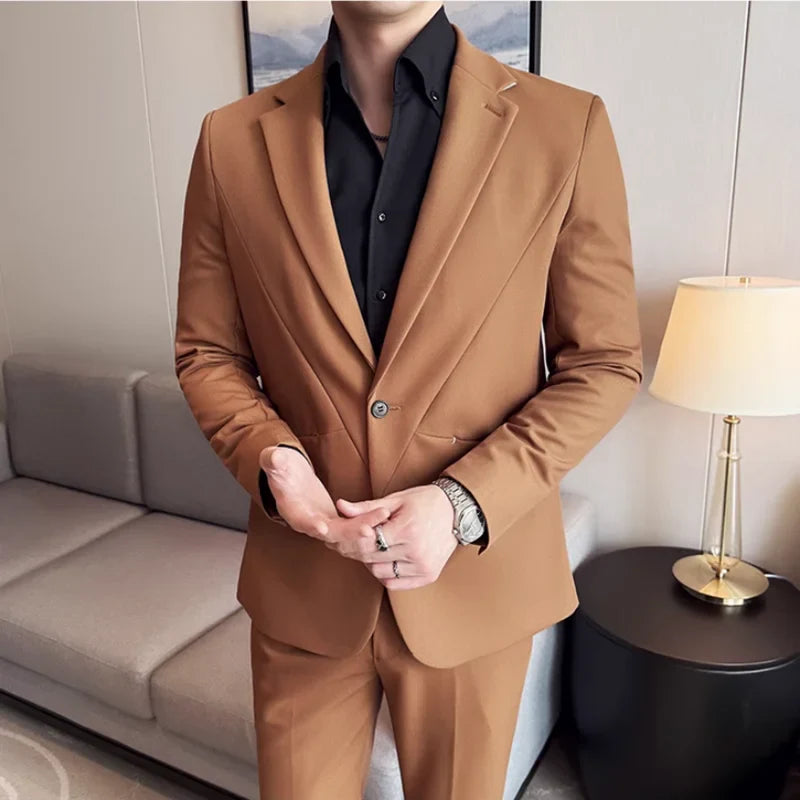 (Jacket+Pant) New Men Pure Color Business Social Wedding Party Suit Fashion Male Banquet Party Slim Fit Dress Blazer and Trouser