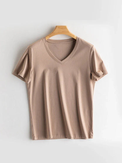 Women Solid T shirts, Silk Cotton Blend, O Neck, Short Sleeved Solid Tee,2025 Summer Candy Colors Basic Cozy Top Green