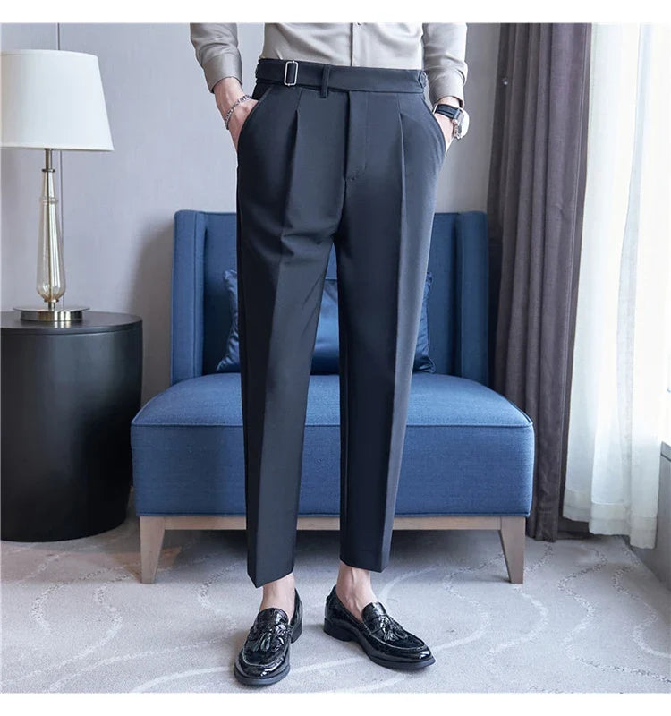 2026 Texture Naples Men's Solid Color Casual Pants Fashion Belt Design Slim Fit Suit Pants Formal Wear Wedding Social Trousers