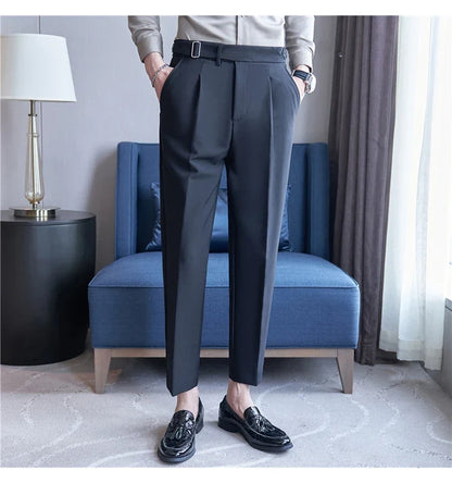 2026 Texture Naples Men's Solid Color Casual Pants Fashion Belt Design Slim Fit Suit Pants Formal Wear Wedding Social Trousers