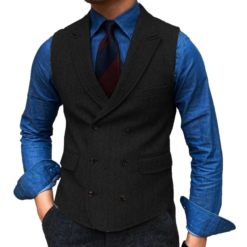 Men Vest Brown Herringbone With Lapel Waistcoat Vintage Regular Slim Business Banquet Business Casual Men Suit Vest