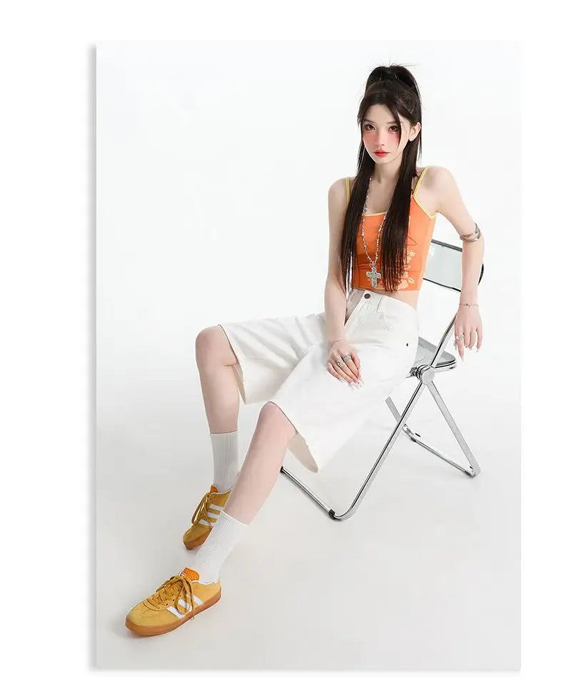 Women's High Waist Wide Leg  Y2K American Retro Washed Five-Point Denim Shorts Summer Loose Slim Straight Cut Mid-Length Pants