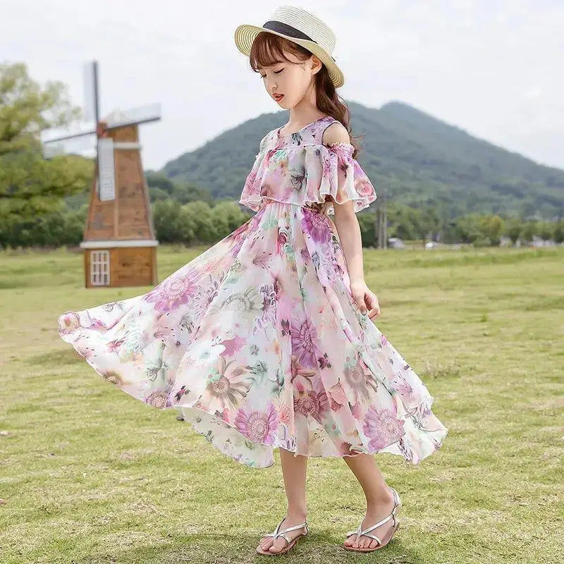 Thin Girl Summer Dress Robe Fille Floral Chiffon Princess Dress Children's Clothing Summer Girls Casual Dresses Kids Vestidos