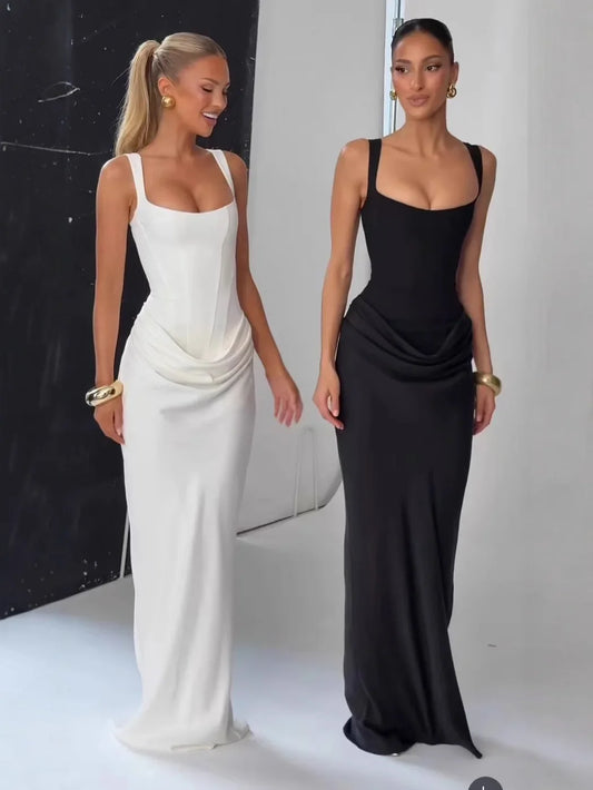 Sexy Backless Ruched Maxi Dress for Women U-neck Sleeveless Bandage Bodycon Black Long Dresses Lady Evening Party Gown
