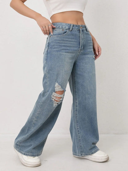 European and N Style Loose Leg Straight-leg Jeans with Holes Women Comfortable Fashion All-matching Trend Jeans
