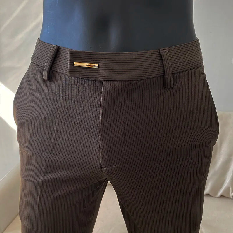 Spring Trousers for Men Slim Fit Straight Leg High-end Feel Business Casual Pants Striped Elegant Formal Dress Long Pants